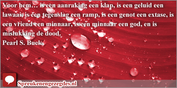 Voor hem… is een aanraking een klap, is een geluid een lawaai, is een tegenslag een ramp, is een genot een extase, is een vriend een minnaar, is een minnaar een god, en is mislukking de dood. Pearl S. Buck